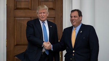 President Donald Trump and New Jersey Governor Chris Christie share a handshake.