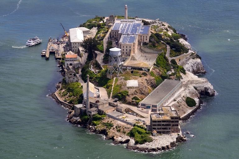An aerial view of Alcatraz island in San Francisco, California.