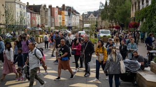 Oxford town center, people marching.
