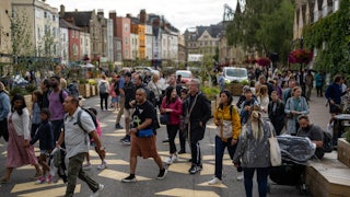 Oxford town center, people marching.