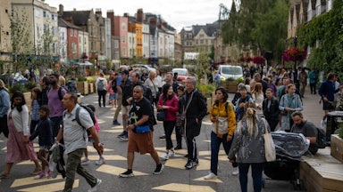 Oxford town center, people marching.