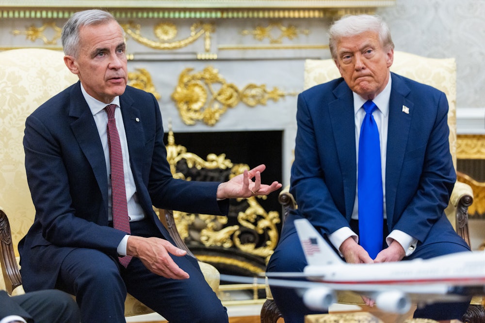 President Donald Trump and Mark Carney, Canada’s prime minister, during a meeting in the Oval Office.