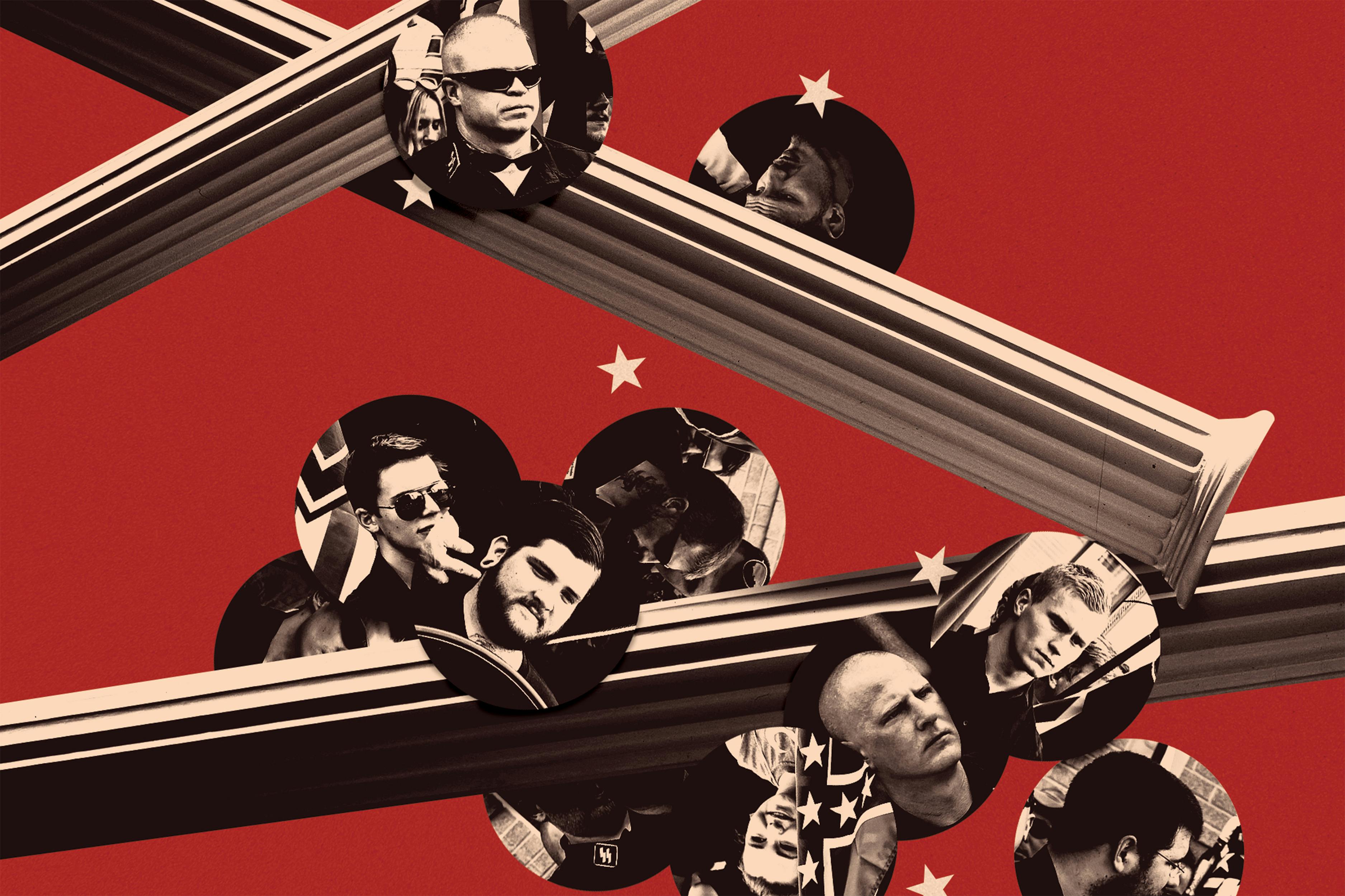 Illustration of men representing the far right with columns 