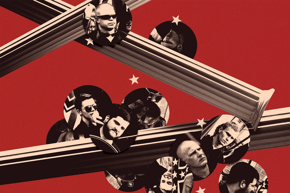 Illustration of men representing the far right with columns