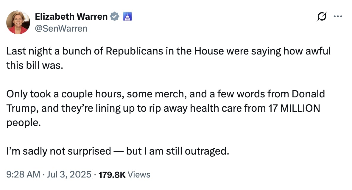 X screenshot Elizabeth Warren @SenWarren: Last night a bunch of Republicans in the House were saying how awful this bill was. Only took a couple hours, some merch, and a few words from Donald Trump, and they’re lining up to rip away health care from 17 MILLION people. I’m sadly not surprised — but I am still outraged. 9:28 AM · Jul 3, 2025 · 179.8K Views