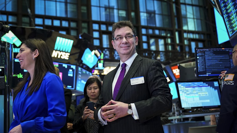 Albert Bourla, chief executive officer of Pfizer pharmaceutical company, arrives to ring the closing bell at the New York Stock Exchange in January 2019.