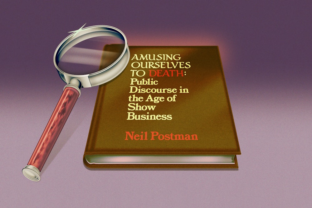 Illustration of Amusing Ourselves to Death book cover with a magnifying glass