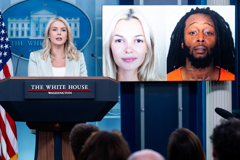 On Sept. 9, White House Press Secretary Karoline Leavitt spoke in front of a photo of Ukrainian refugee Iryna Zarutska, left, who was allegedly killed by Decarlos Brown Jr., right, on a light rail train in Charlotte, North Carolina.