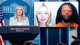 On Sept. 9, White House Press Secretary Karoline Leavitt spoke in front of a photo of Ukrainian refugee Iryna Zarutska, left, who was allegedly killed by Decarlos Brown Jr., right, on a light rail train in Charlotte, North Carolina.