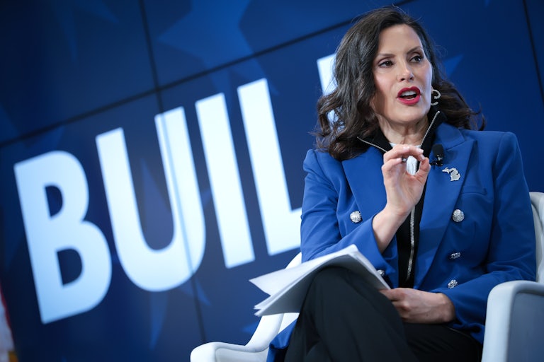 Michigan Gov. Gretchen Whitmer answers questions after speaking on the theme "Build, America, Build!" in Washington, D.C.