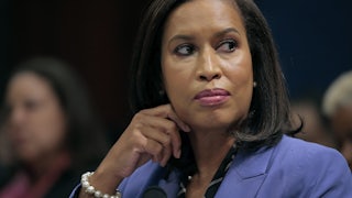 D.C. Mayor Muriel Bowser looks to the side as she testifies.