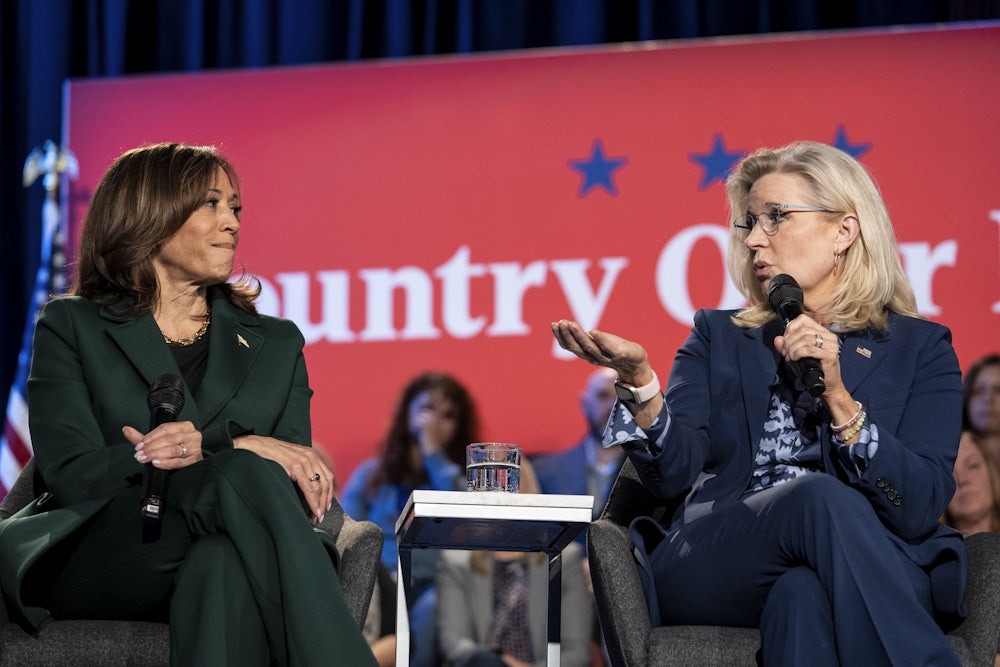 Liz Cheney talks into a microphone while looking at Kamala Harris, who's sitting besides her