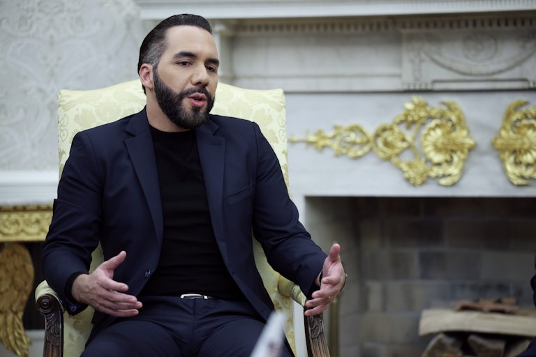El Salvador President Nayib Bukele speaks while seated in the Oval Office of the White House