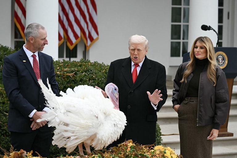 Donald Trump waves his hands and speaks to a turkey during the turkey pardon at the White House. Melania Trump stands next to him.