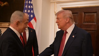 Donald Trump and Israeli Prime Minister Benjamin Netanyahu shake hands at the White House