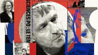 Collage of images showing people referenced in the piece, such as Klaus Kinzler, Samuel Paty, Jean-Michel Blanquer, Caroline Fourest and Anne-Laure Amilhat Szary