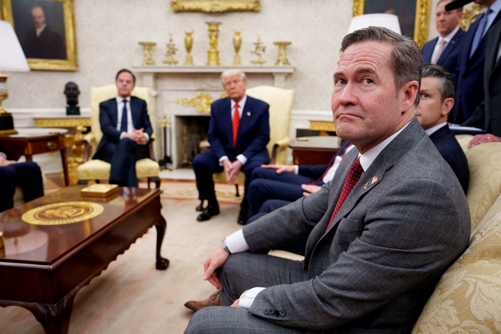 National Security Adviser Mike Waltz frowns at a camera while seated in the White House. Donald Trump can be seen in the background.