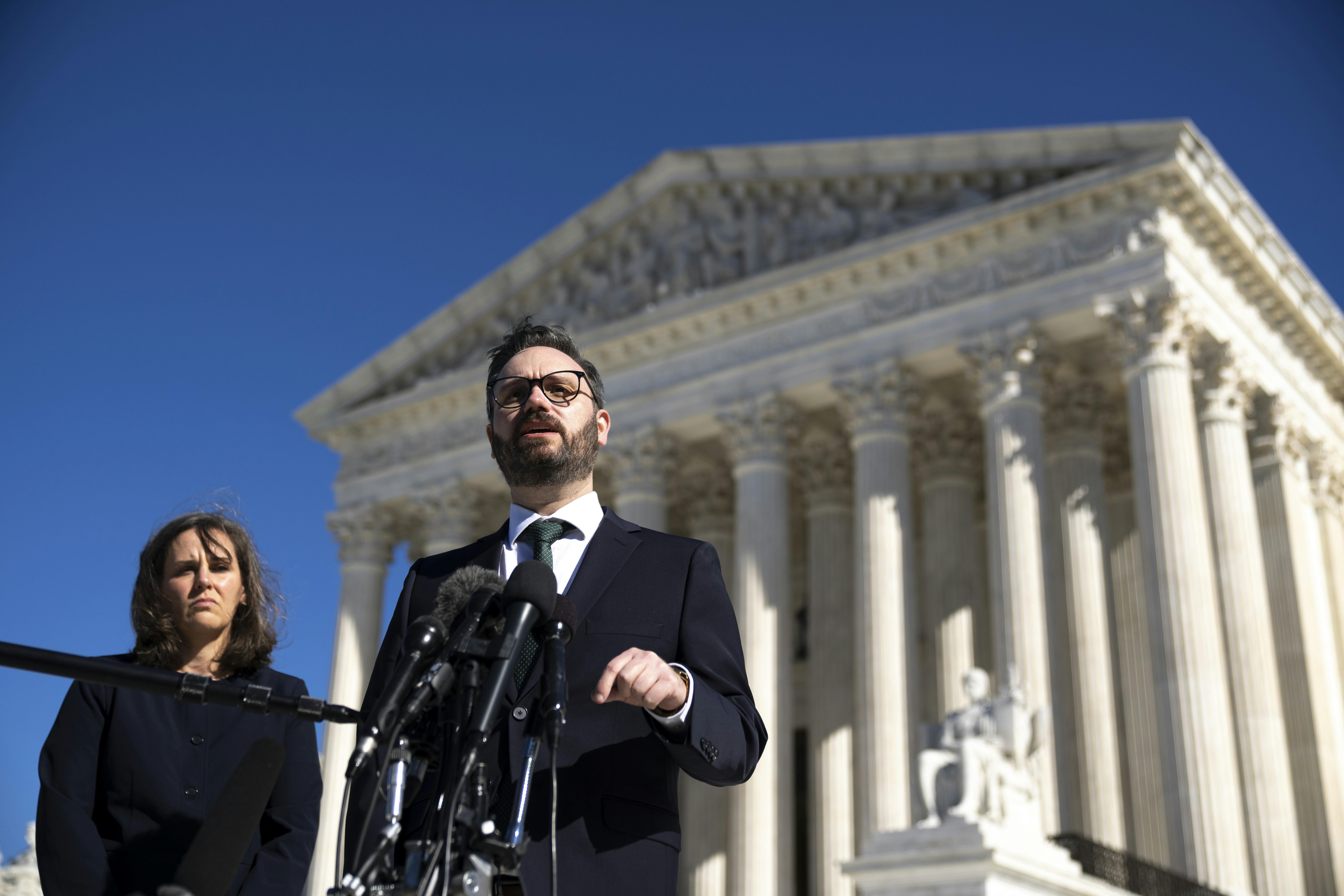 Attorneys representing the plaintiffs in the Texas abortion law case speak outside the Supreme Court.