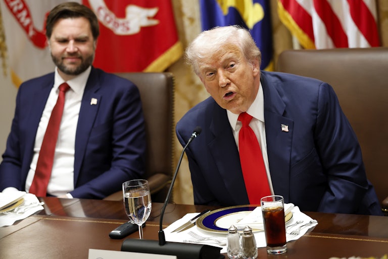 JD Vance and Donald Trump sit at a table in a meeting with Argentine President Javier Milei (not pictured)
