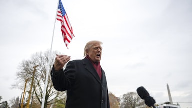Donald Trump speaks to reporters on the White House lawn.