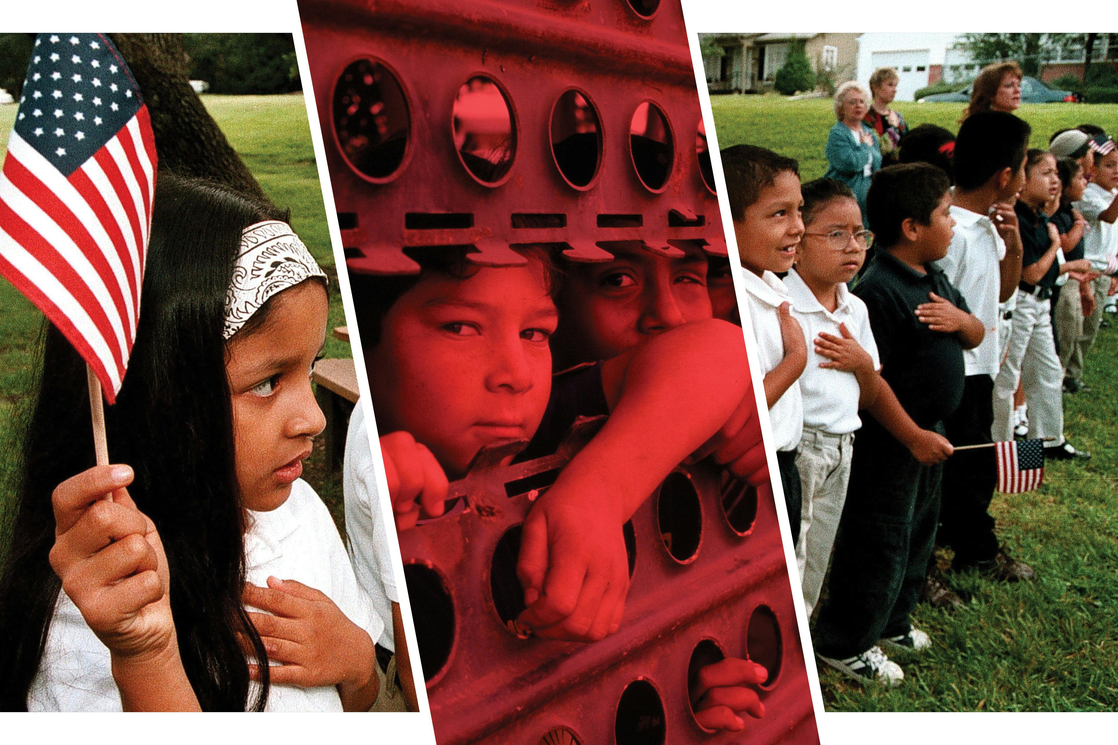 A line of patriotic Hispanic youths is interrupted with a photo of children at the southern border wall