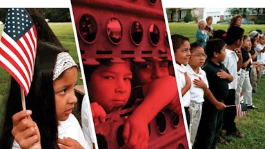 A line of patriotic Hispanic youths is interrupted with a photo of children at the southern border wall