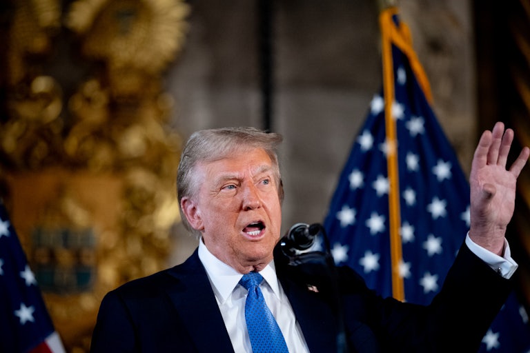 Donald Trump speaks during a press conference at Mar-a-Lago.