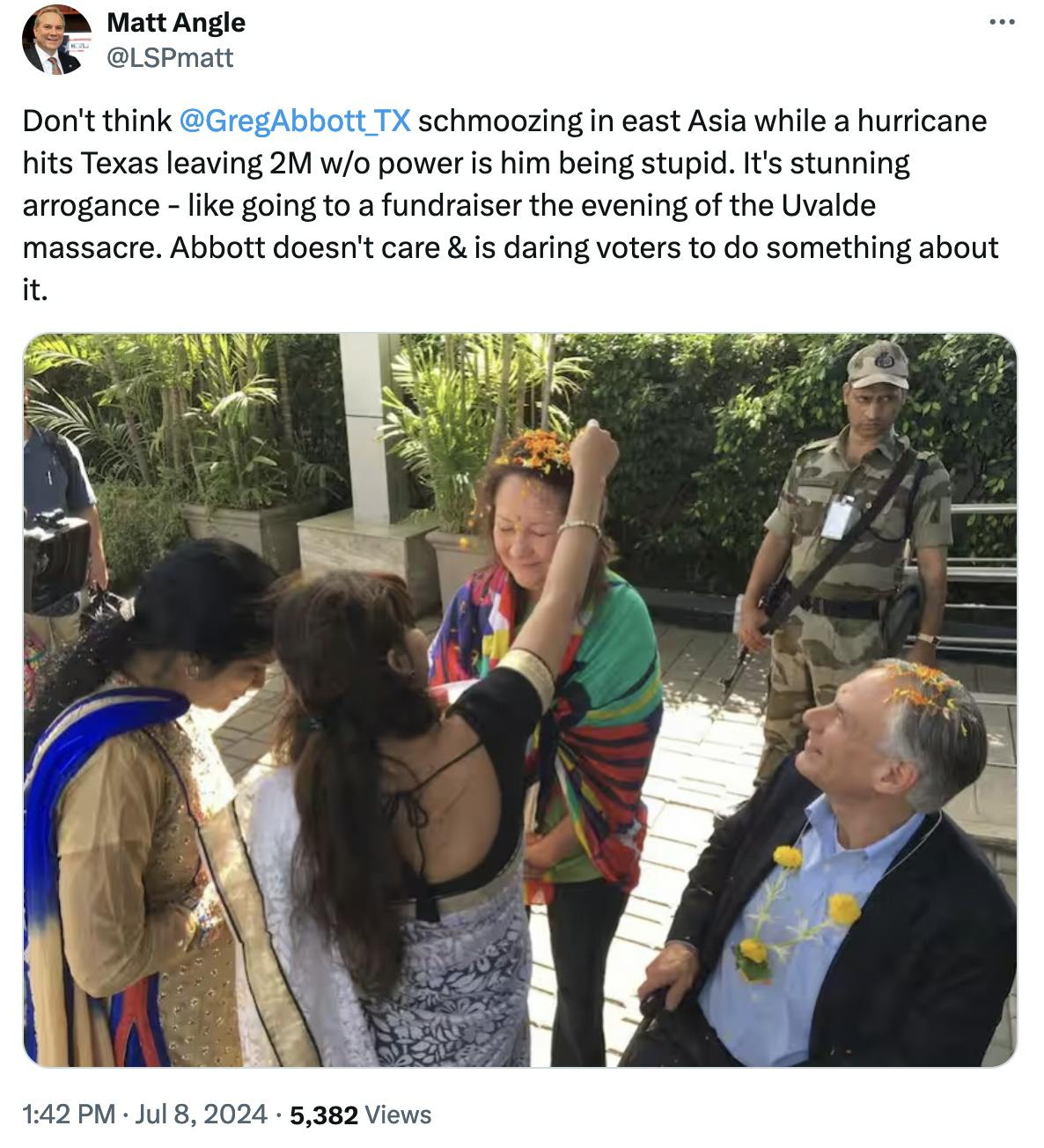 Twitter screenshot Matt Angle @LSPmatt: Don't think @GregAbbott_TX schmoozing in east Asia while a hurricane hits Texas leaving 2M w/o power is him being stupid. It's stunning arrogance - like going to a fundraiser the evening of the Uvalde massacre. Abbott doesn't care & is daring voters to do something about it.