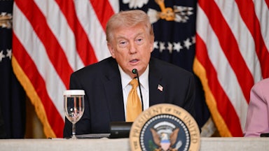 President Donald Trump speaks into a mic while seated behind the presidential seal.
