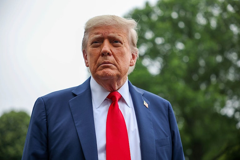 Donald Trump stands outside.