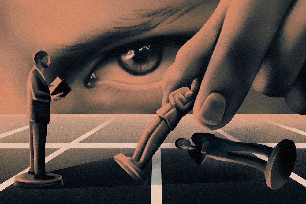 A drawing of a looming woman's eye looking at what appears to be men as chess pieces