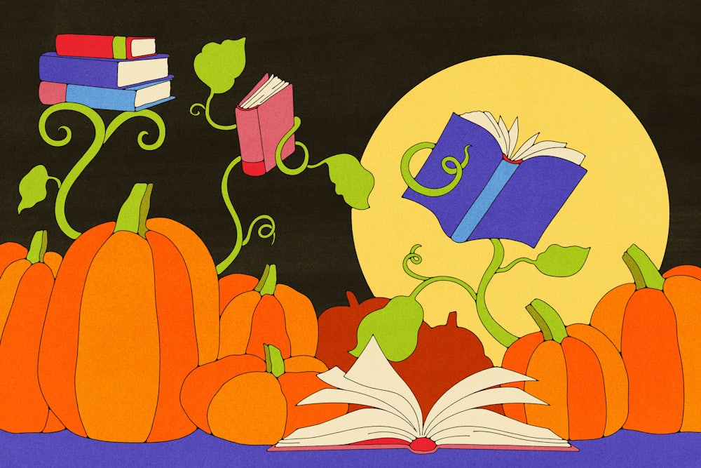 Illustration of a pumpkin patch with books entwined in vines.