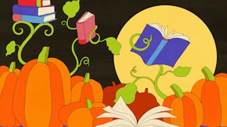 Illustration of a pumpkin patch with books entwined in vines.