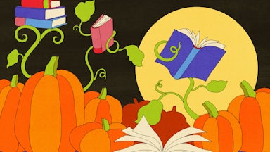 Illustration of a pumpkin patch with books entwined in vines.