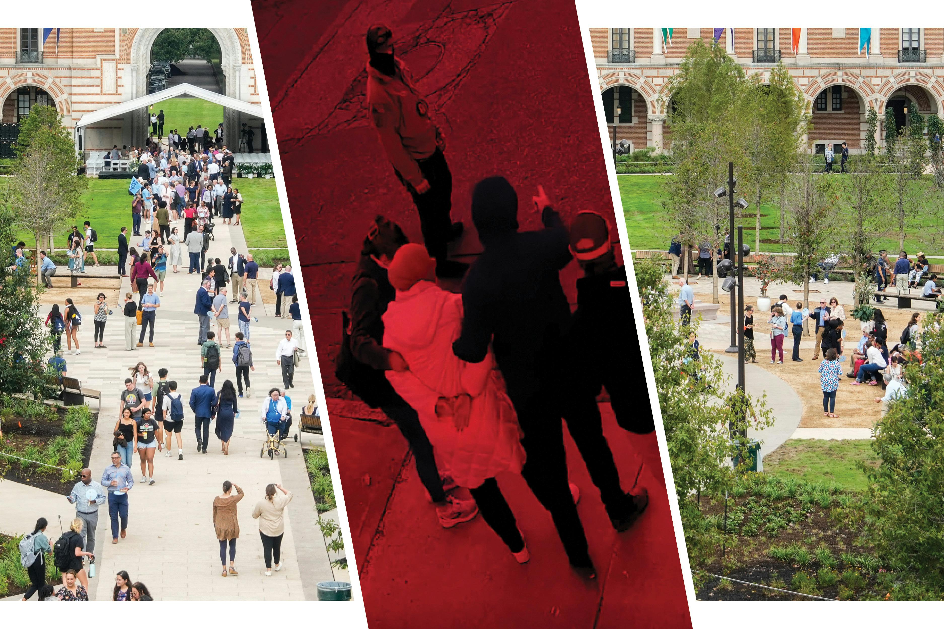 An image of a bucolic university crowd is interrupted by a photo of the arresting of a student for the student's political views