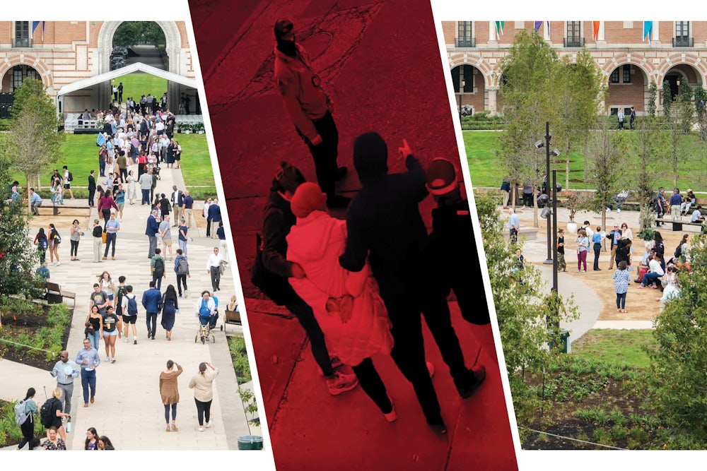 An image of a bucolic university crowd is interrupted by a photo of the arresting of a student for the student's political views