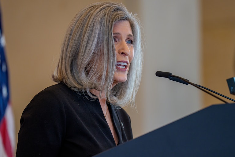 Sen. Joni Ernst speaks during a Congressional Gold Medal ceremony on Capitol Hill on June 26, 2025 in Washington, DC