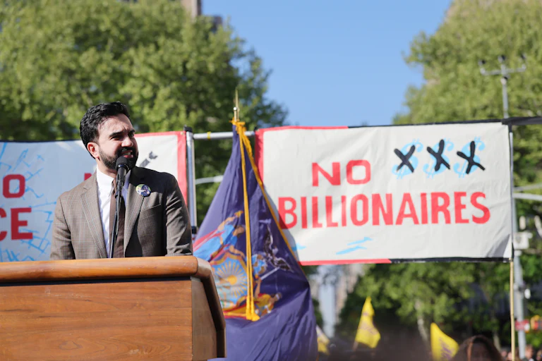 New York City Mayor Zohran Mamdani speaks at a rally in Washington Square Park