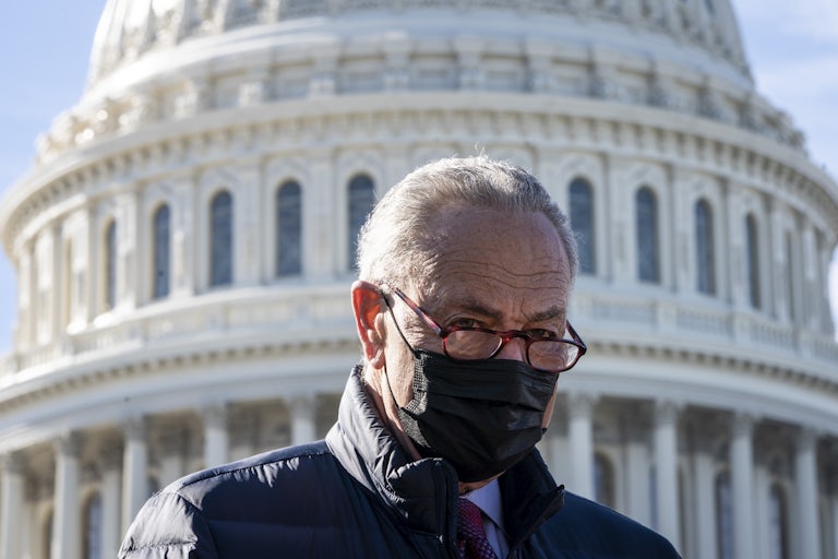 Senate Majority Leader Chuck Schumer during a press conference outside the U.S. Capitol 