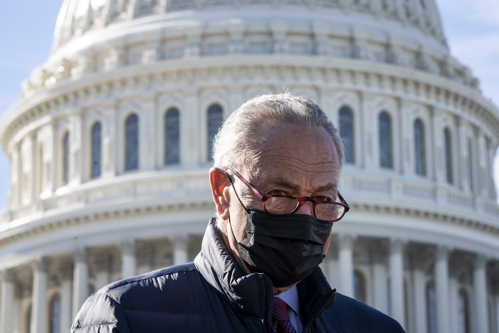 Senate Majority Leader Chuck Schumer during a press conference outside the U.S. Capitol