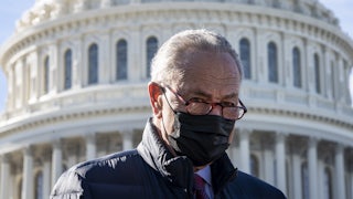 Senate Majority Leader Chuck Schumer during a press conference outside the U.S. Capitol