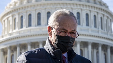 Senate Majority Leader Chuck Schumer during a press conference outside the U.S. Capitol