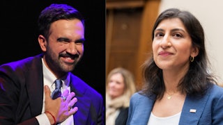 Zohran Mamdani and Lina Khan splitscreen