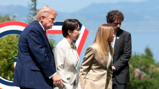 U.S. President Donald Trump, Prime Minister of Japan Sanae Takaichi and Prime Minister of Italy Giorgia Meloni leave following a photo at the G7 summit in France.