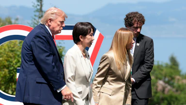 U.S. President Donald Trump, Prime Minister of Japan Sanae Takaichi and Prime Minister of Italy Giorgia Meloni leave following a photo at the G7 summit in France.