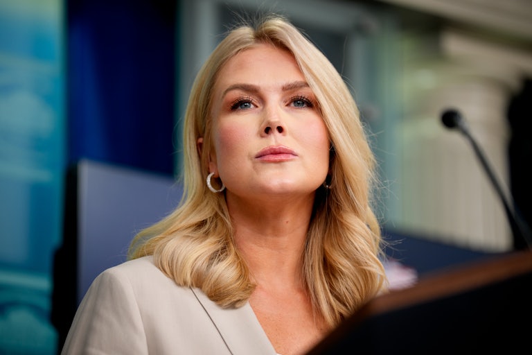 Press Secretary Karoline Leavitt stands at a podium during a White House briefing