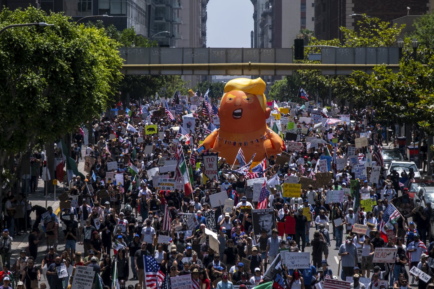 Protestors against President Donald Trump after the “No Kings protest clash with LAPD and Sheriff Department near City Hall in downtown Los Angeles, June 14, 2025.