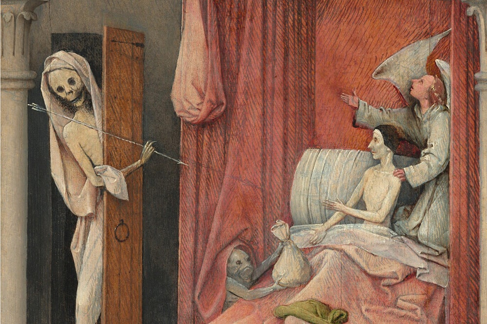 A person lies in bed, surrounded by an angel and a demon offering gold. A skeleton stands in the doorway.