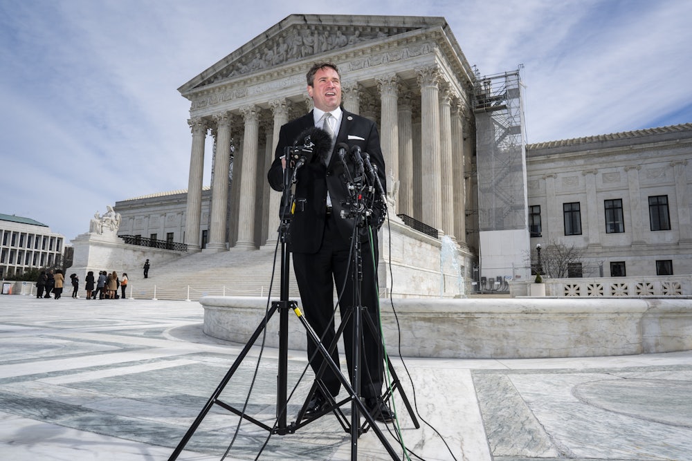 Missouri Attorney General Andrew Bailey speaks with reporters outside the U.S. Supreme Court.