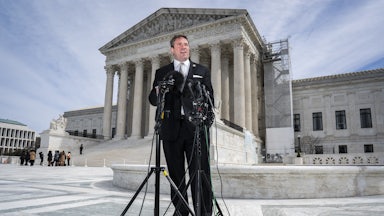 Missouri Attorney General Andrew Bailey speaks with reporters outside the U.S. Supreme Court.